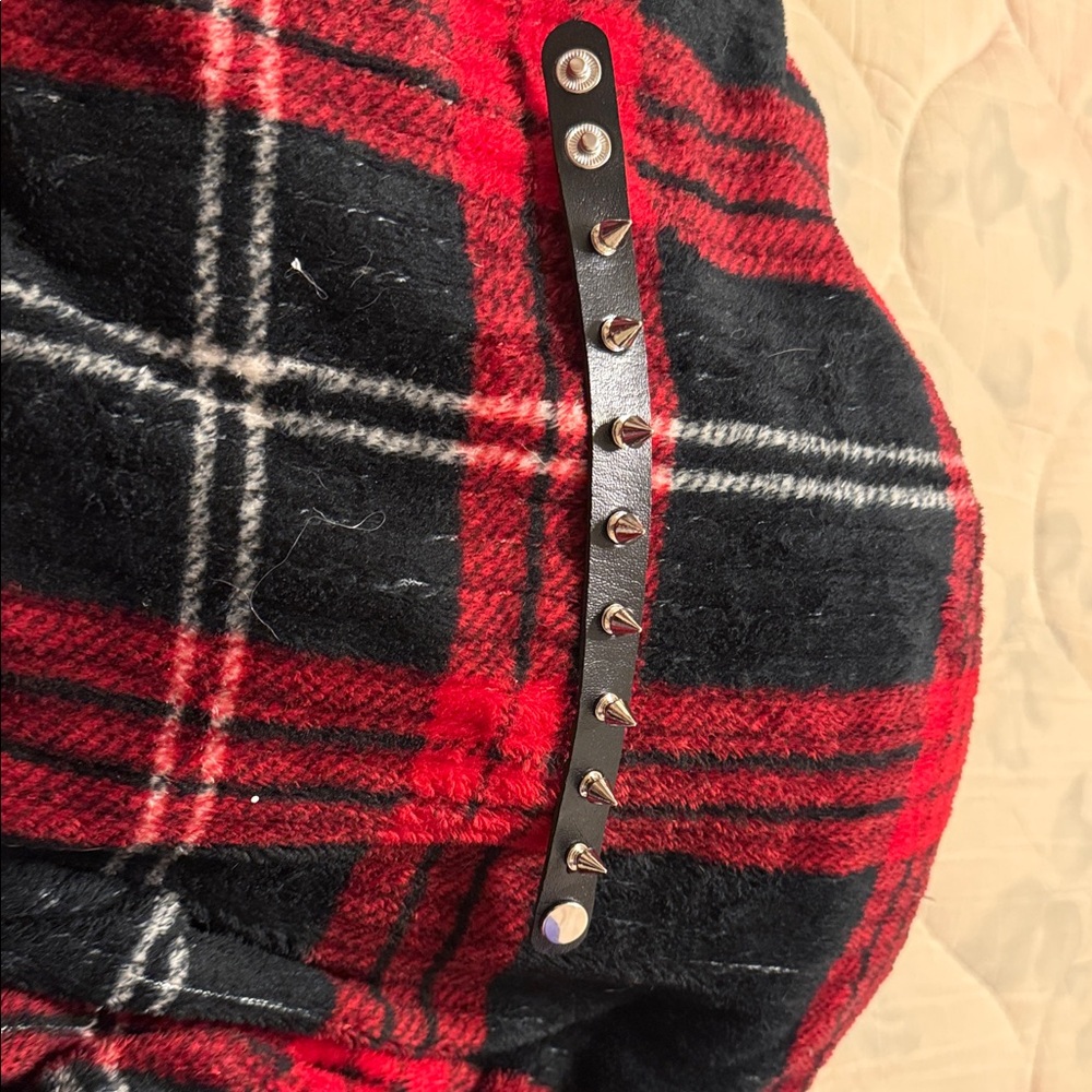 Red and Black Plaid Fabric with Silver Studded Bracelet